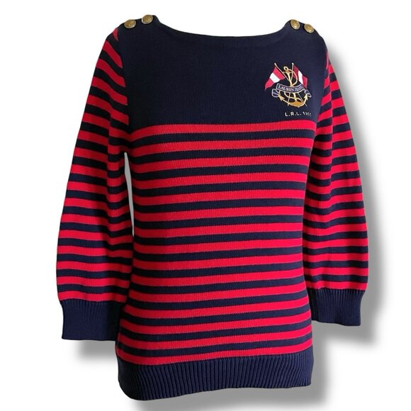 Ralph Lauren Jeans Co Womens Sweater Sz Medium Navy Blue Red Stripe Crested - Picture 5 of 9